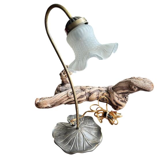 Vintage Grandite lily pad gooseneck table lamp brass frosted ruffled glass shade - Picture 1 of 9